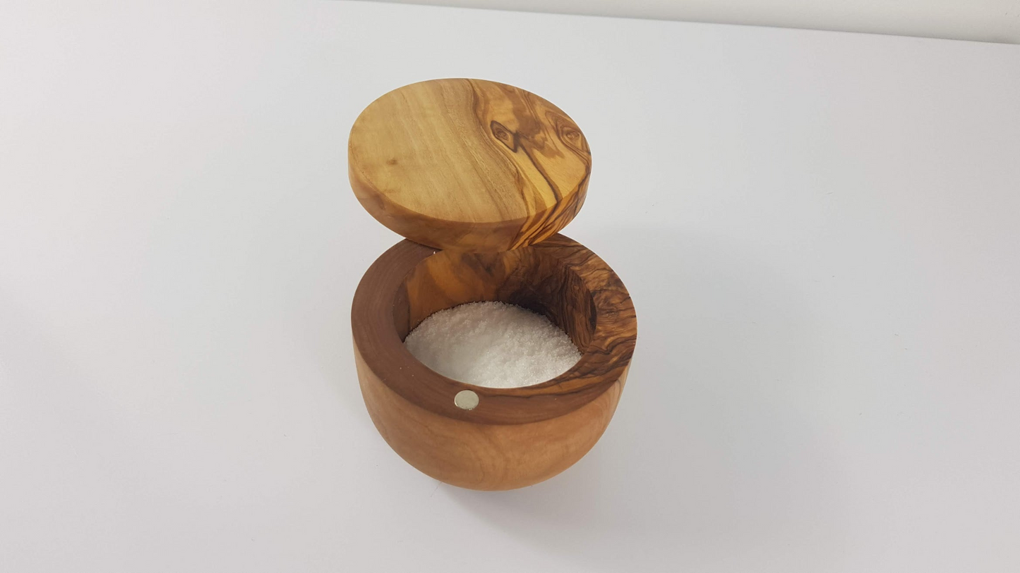 OLIVIKO Handmade Olive Wood Salt keeper box, Salt cellar with magnetic lock