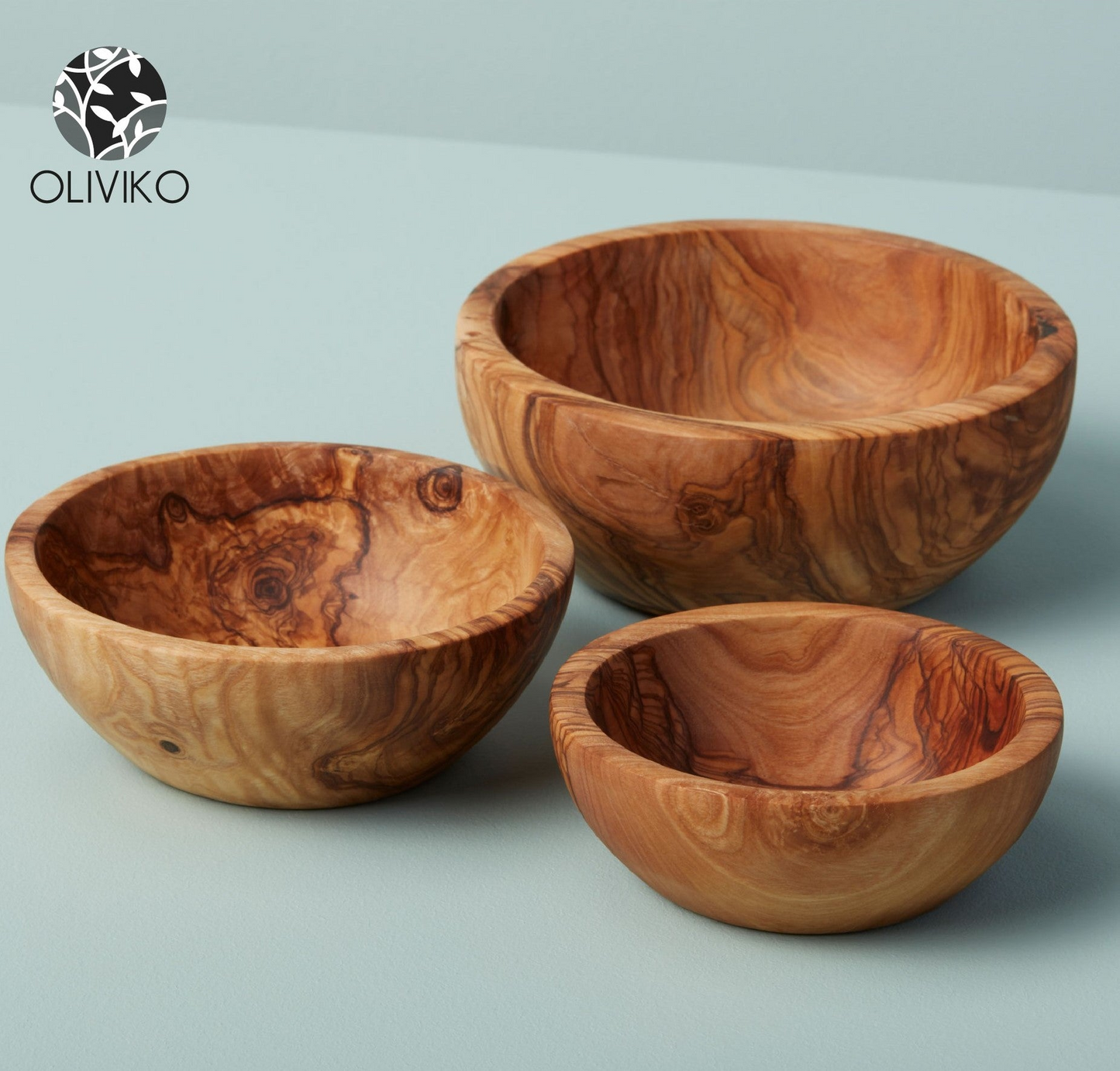 OLIVIKO 100% Handmade Olive Wood kit 3 Bowls, slad Bowl, snack Bowl 12, 14 and 16 cm Bowl