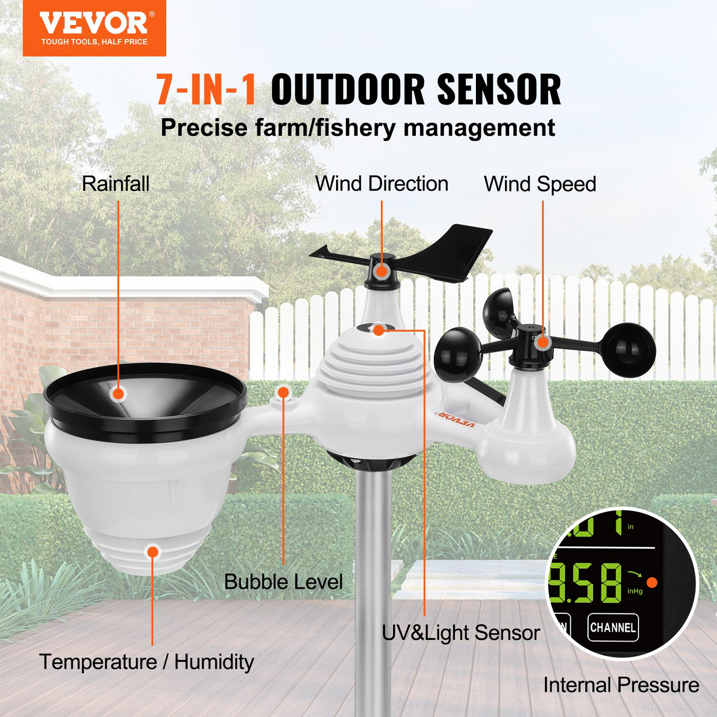 VEVOR 7-in-1 Wireless Weather Station, 7.5 in Large Color Display, Digital Home Weather Station Indoor Outdoor, for Temperature Humidity Wind Speed/Direction Rain UV, with Forecast Data, Alarm, Alerts