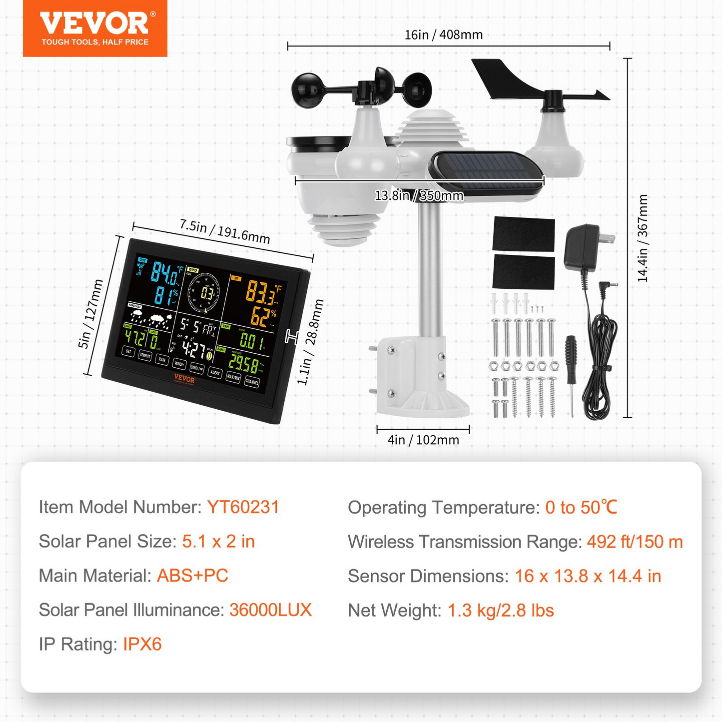 VEVOR 7-in-1 Wireless Weather Station, 7.5 in Large Color Display, Digital Home Weather Station Indoor Outdoor, for Temperature Humidity Wind Speed/Direction Rain UV, with Forecast Data, Alarm, Alerts
