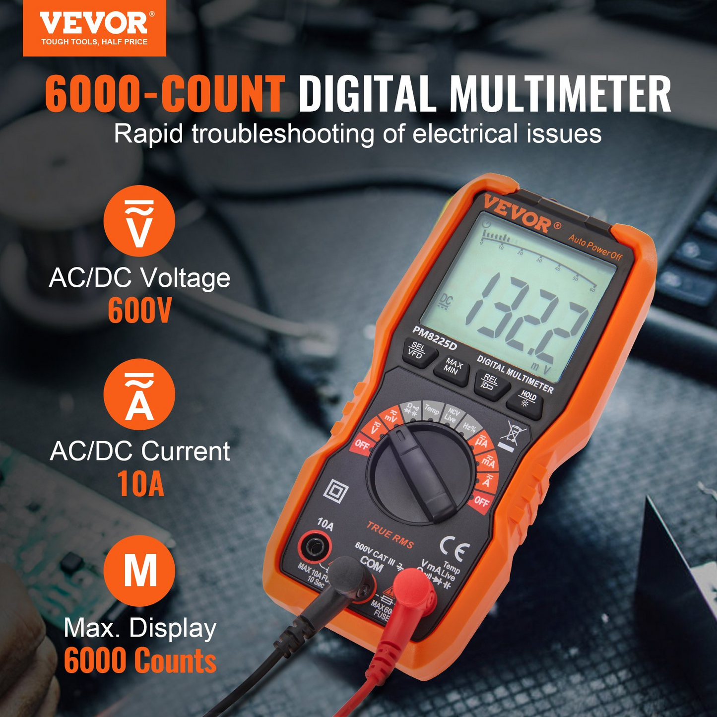 VEVOR Digital Multimeter, 6000 Counts, Multimeter Tester DC AC Voltmeter NCV, Ohm Volt Amp Tester, for Voltage Current Resistance Capacitance Continuity Diode Temperature Duty Ratio Frequency TRMS