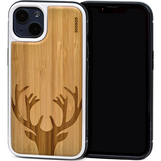 iPhone 13 bamboo wood case deer engraved backside with TPU bumper