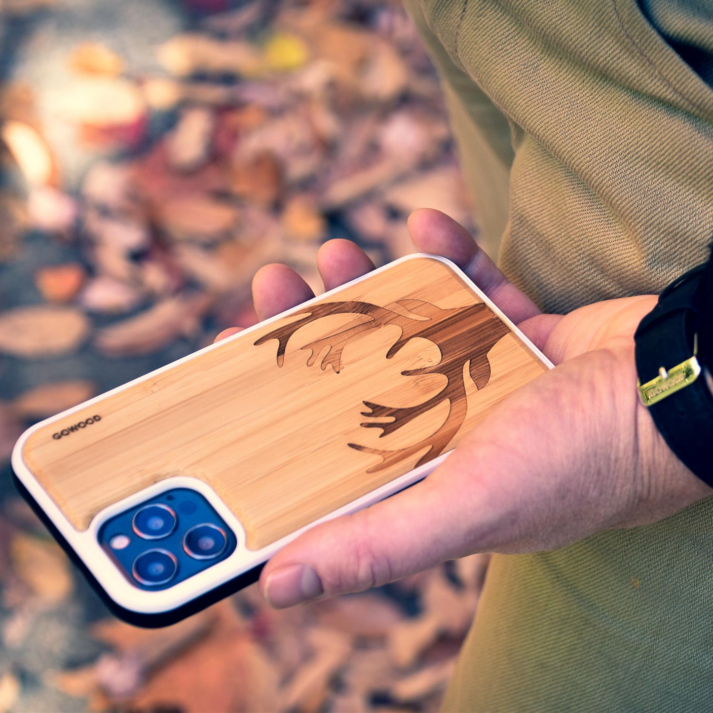 iPhone 13 bamboo wood case deer engraved backside with TPU bumper