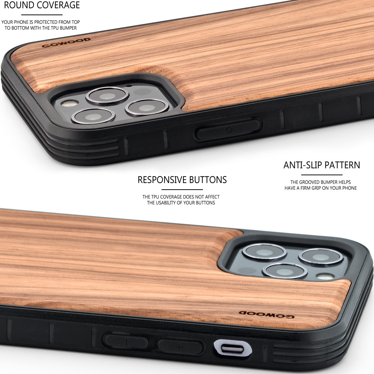 iPhone 12 Mini wood case zebra backside with TPU bumper and black PC