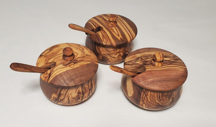 OLIVIKO 100% olive wood Sugar box, Spices box, wooden box with spoon, sugar bowl with lid