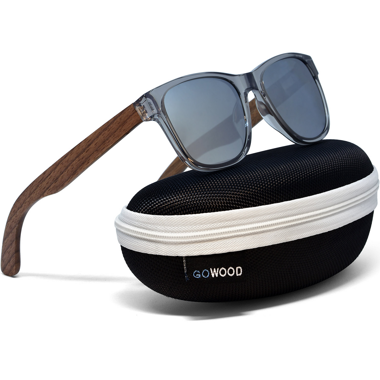 Walnut wood classic style sunglasses with semi-transparent grey frame and silver mirrored polarized lenses