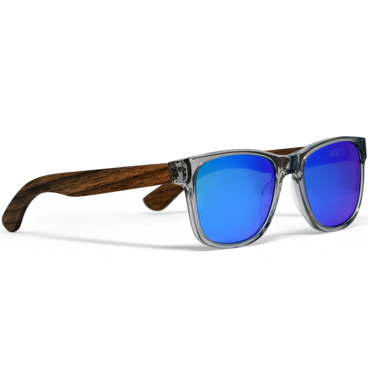 Walnut wood classic style sunglasses with semi-transparent grey frame and blue mirrored polarized lenses