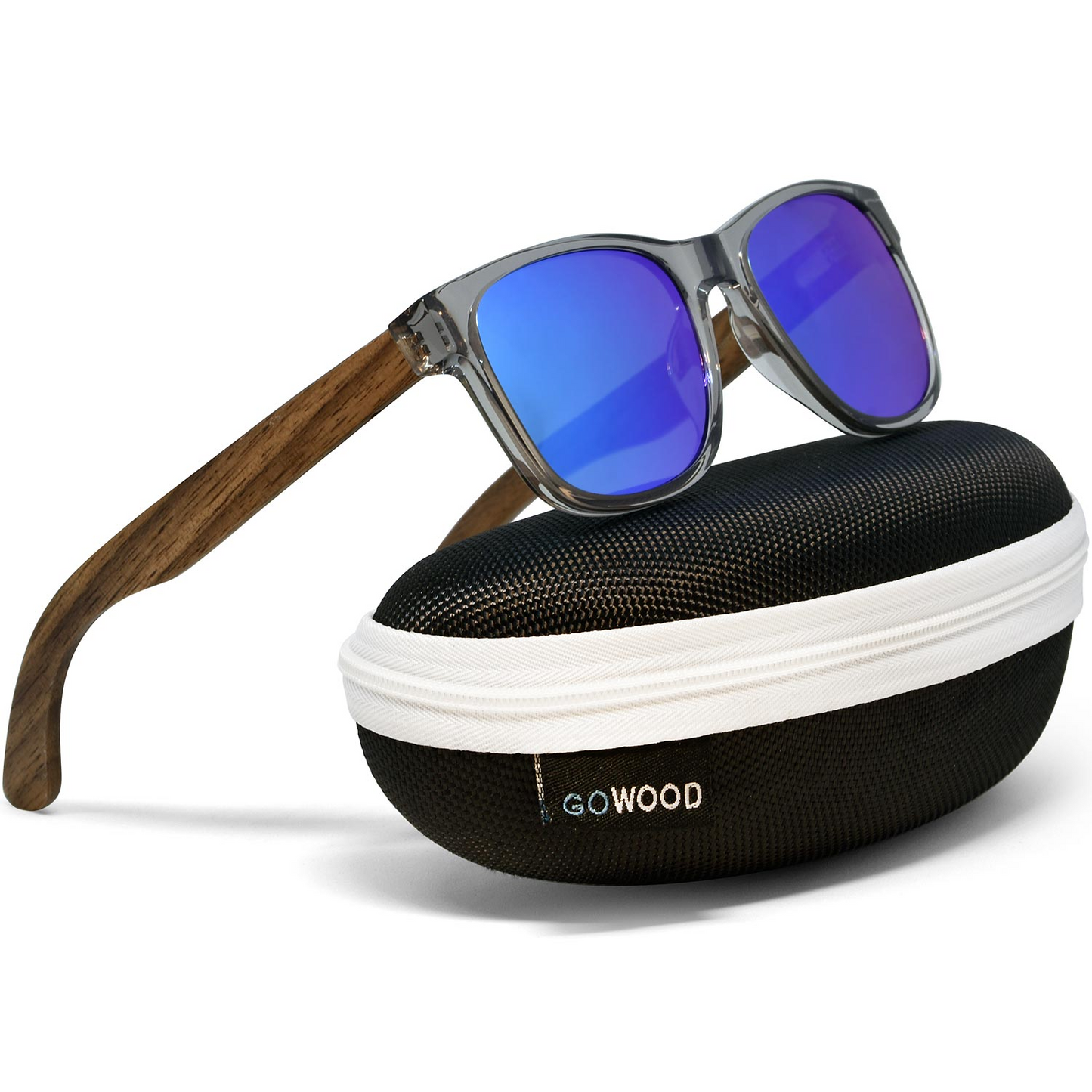 Walnut wood classic style sunglasses with semi-transparent grey frame and blue mirrored polarized lenses