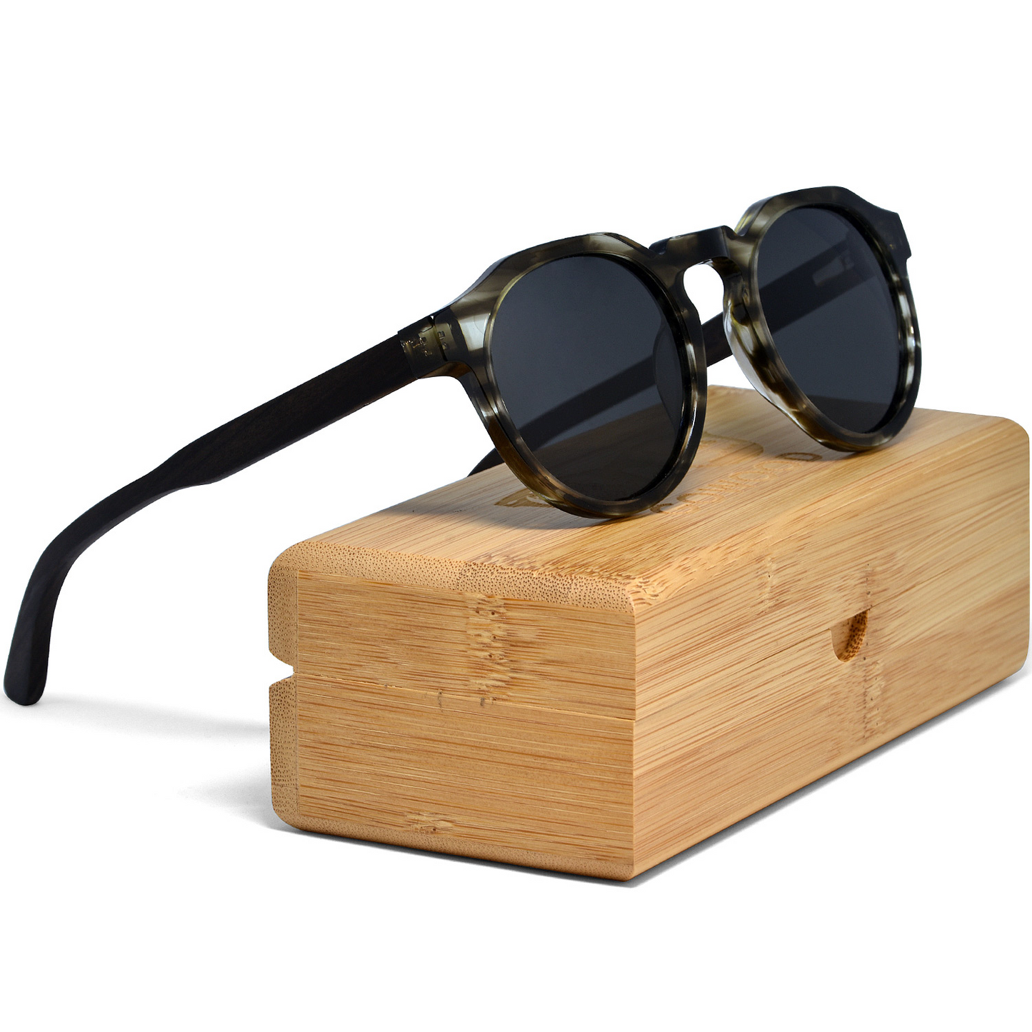 Ebony wood panto sunglasses with smog frame and black polarized lenses