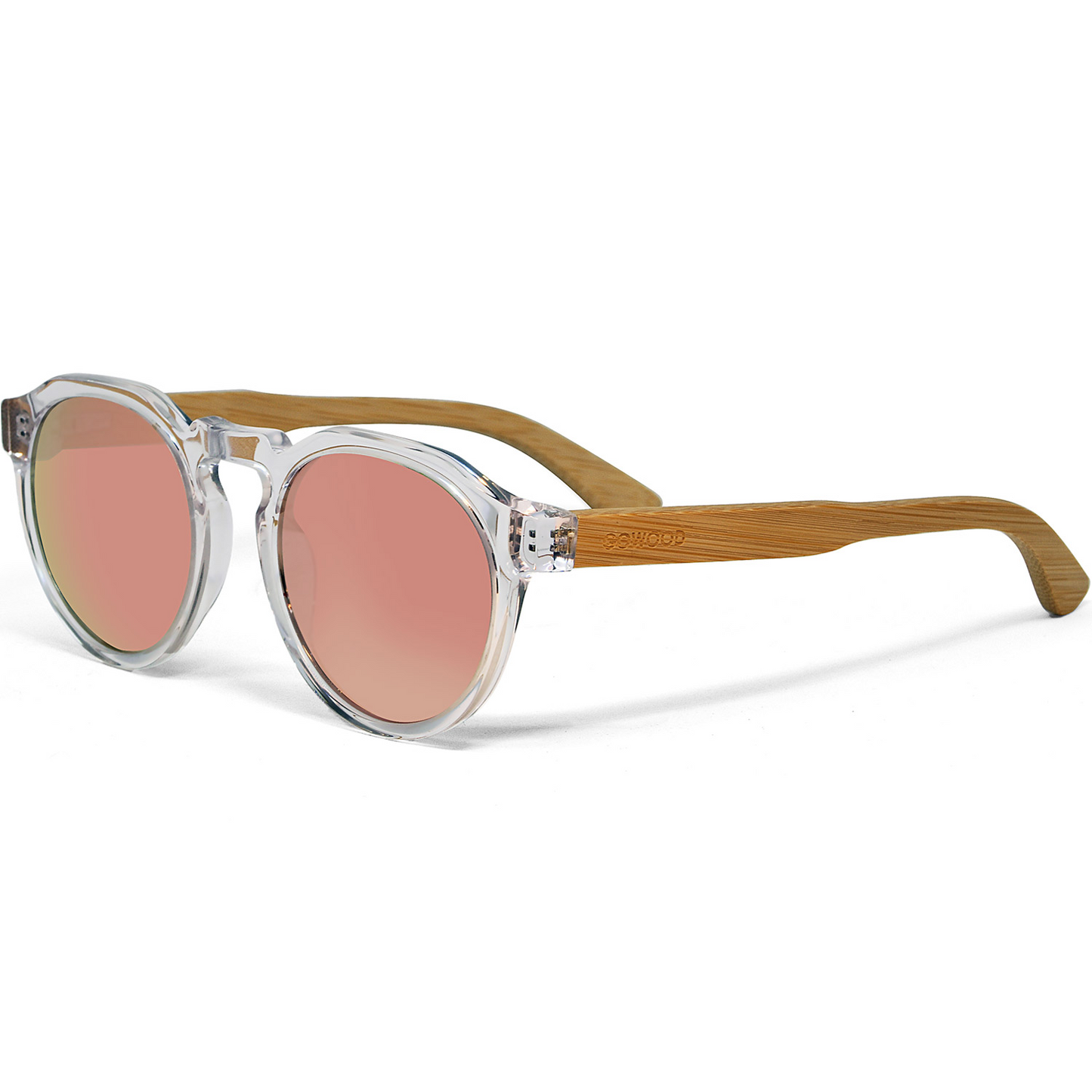 Bamboo wood panto sunglasses with clear transparent frame and pink mirrored polarized lenses