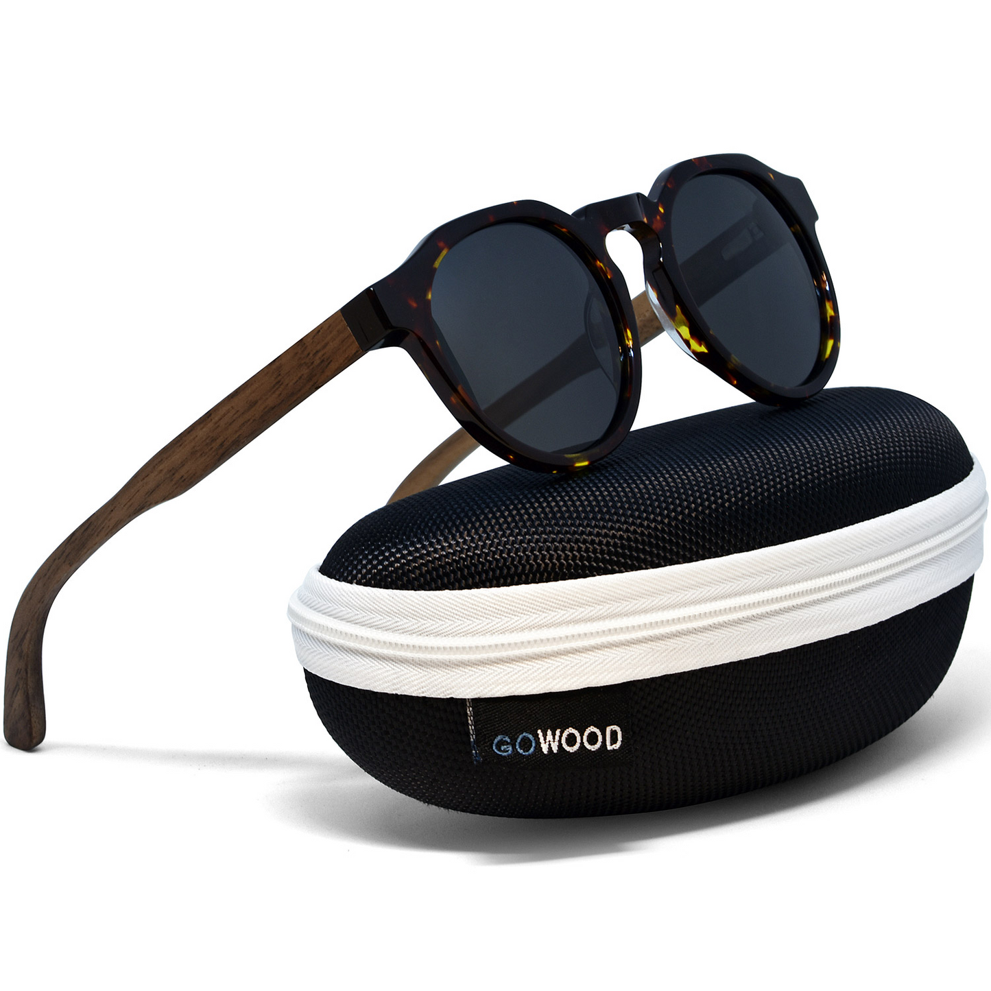 Walnut wood panto sunglasses with tortoise frame and black polarized lenses