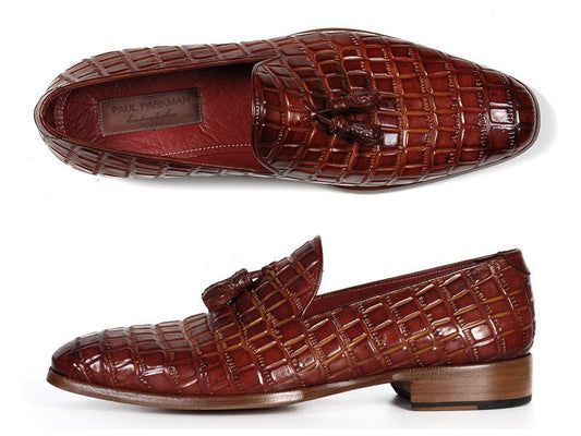 Paul Parkman Men's Brown Crocodile Embossed Calfskin Tassel Loafer (ID#0823-BRW)