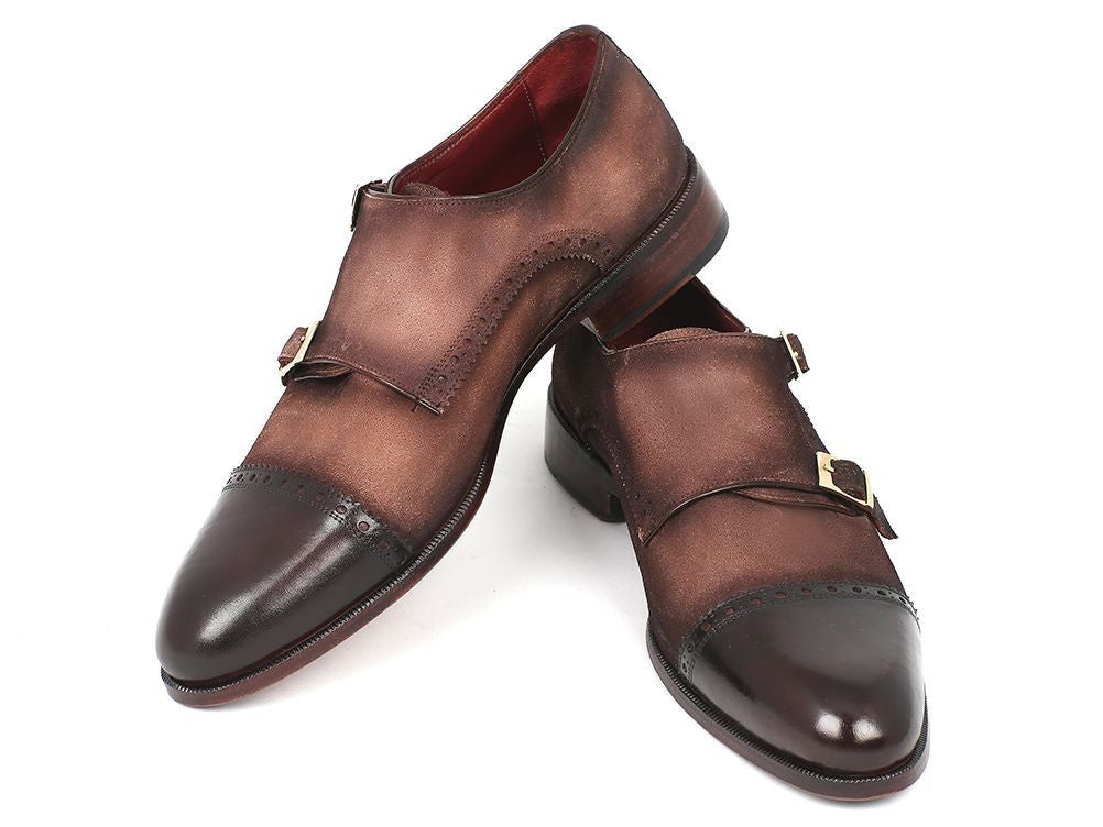 Paul Parkman Men's Double Monkstrap Captoe Dress Shoes - Brown / Beige Suede Upper and Leather Sole (ID#FK09)