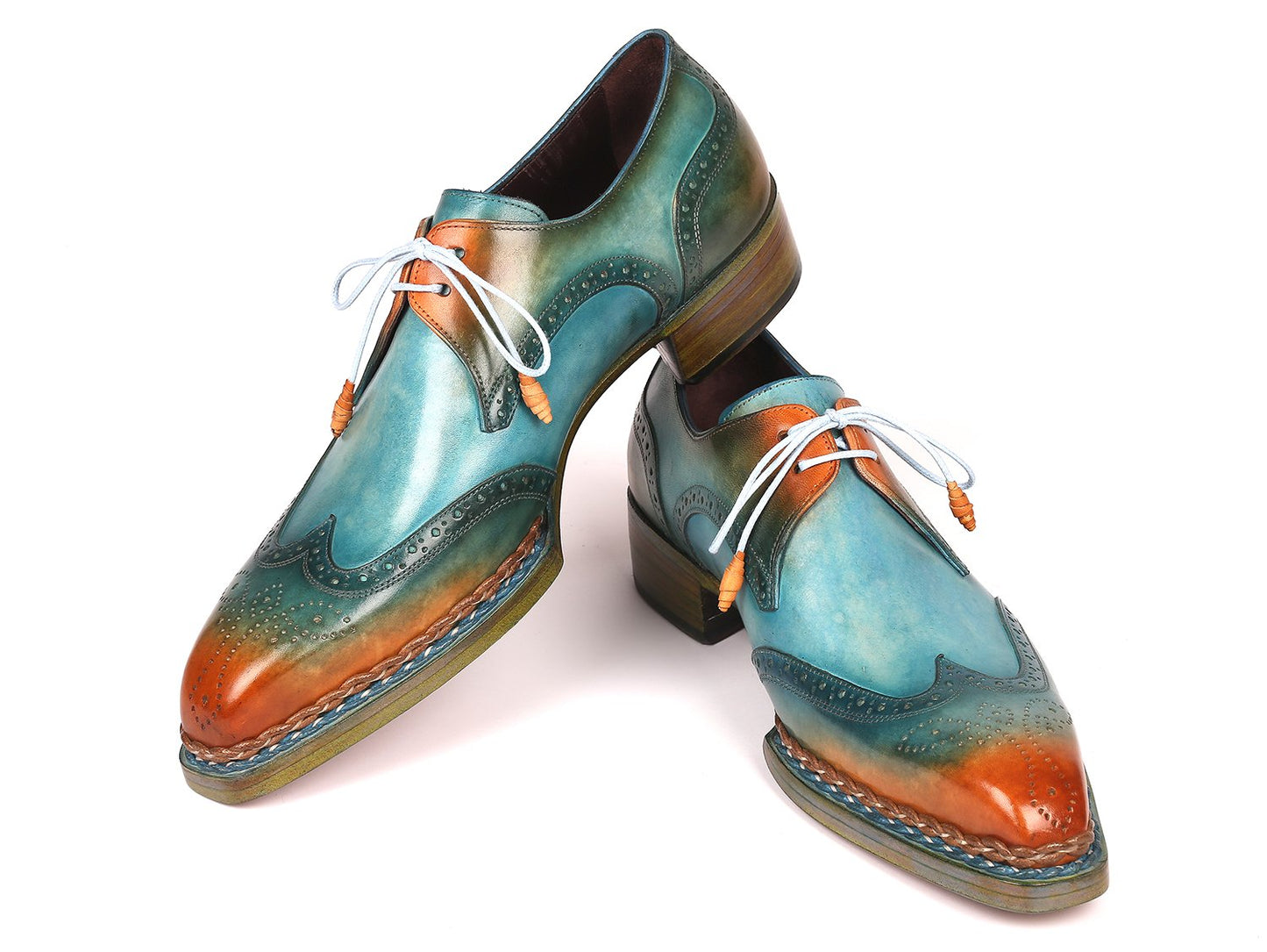 Paul Parkman Norwegian Welted Wingtip Derby Shoes Turquoise & Tobacco (ID#8506-TRQ)