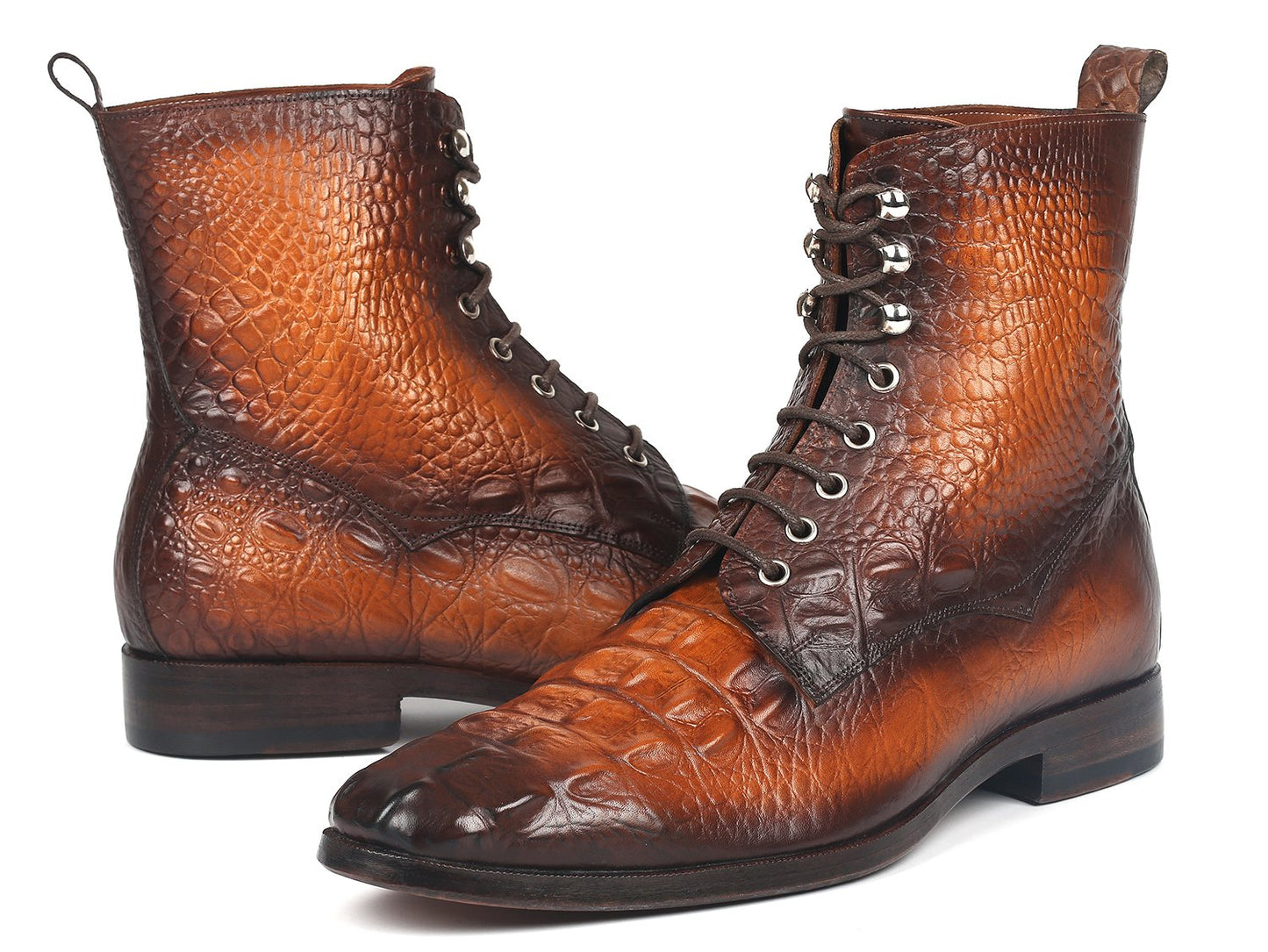 Paul Parkman Men's Brown Croco Embossed Leather Lace-Up Boots (ID#BT744-BRW)